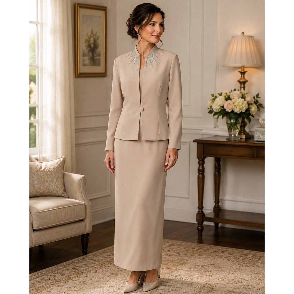 Karen Miller New York Size 10 Beige Rhinestone Evening Gown Suit Formal Set